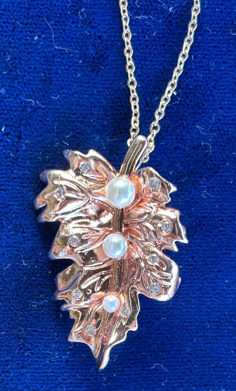 Rose Gold Tone Leaf Pendant Necklace Brooch Faux Pearls Rhinestones 16" + 2"